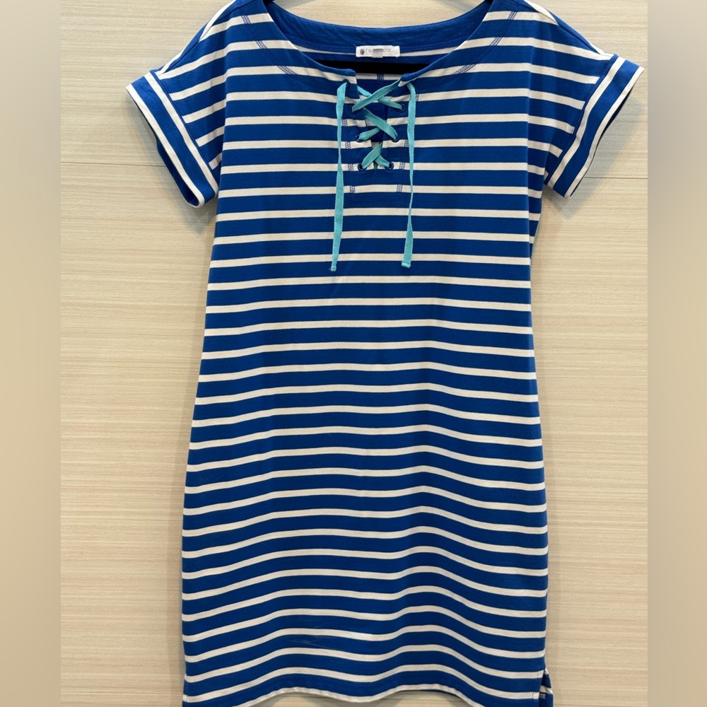 T by Talbots Blue and White Striped Stretch Knit Tshirt Dress Women’s Size Small